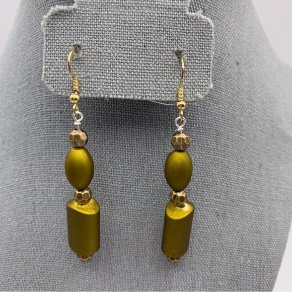 Set of Three NWOT Dark Olive Green Vibrant Long Beaded Dangle Earrings - Picture 2 of 7